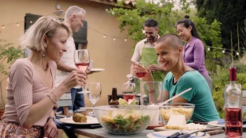 Group of happy friends having fun drinking red wine at barbecue picnic garden Stock Footage 200922952