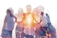 Group Of Happy Friends Having Fun At Ocean Beach. Double Exposure Stock Photos