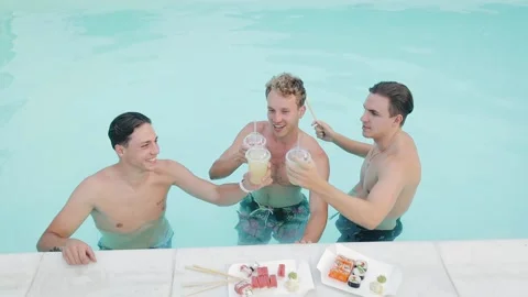Group of happy guys having fun together, drinking non alcoholic eco cocktails Stock Footage 151417525