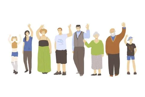 Group of happy joyfull different generation people, waving hands and showing OK Stock Illustration