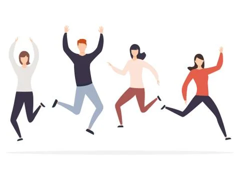 Group of happy jumping man and women with raised hands Stock Illustration