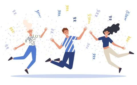 Group of happy jumping or dancing young people. Concept of celebration of great Stock Illustration