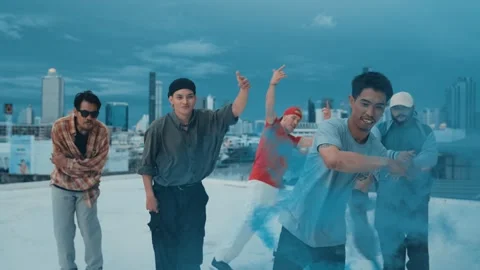 Group of happy multicultural hipster playing color flare at rooftop. hiphop. Stock Footage 261268591