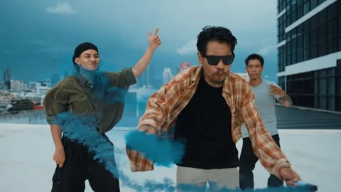 Group of happy multicultural hipster playing color flare at rooftop. hiphop. Stock Footage 262884382