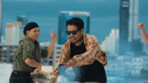 Group of happy multicultural hipster playing color flare at rooftop. hiphop. Stock Footage 263008465