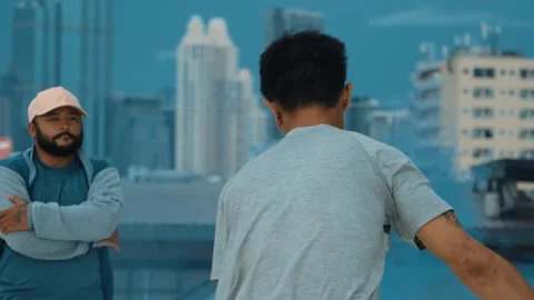 Group of happy multicultural hipster playing color flare at rooftop. hiphop. Stock Footage 263642262