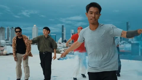 Group of happy multicultural hipster playing color flare at rooftop. hiphop. Stock Footage 264141648