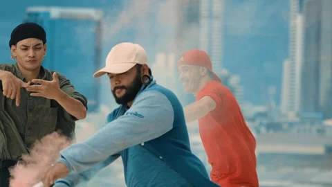 Group of happy multicultural hipster playing color flare at rooftop. hiphop. Stock Footage 264208937