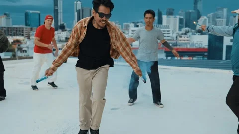 Group of happy multicultural hipster playing color flare at rooftop. hiphop. Stock Footage 264545829