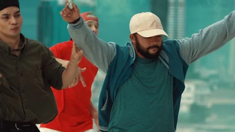 Group of happy multicultural hipster playing color flare at rooftop. hiphop. Stock Footage 271147762