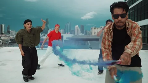 Group of happy multicultural hipster playing color flare at rooftop. hiphop. Stock Footage 272255785