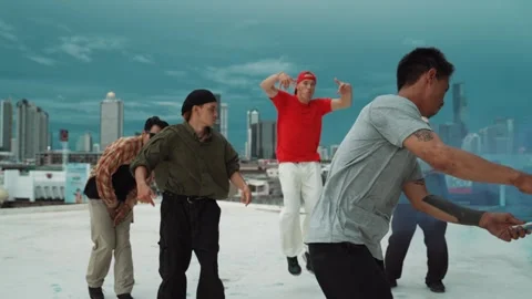 Group of happy multicultural hipster playing color flare at rooftop. hiphop. Stock Footage 272990577