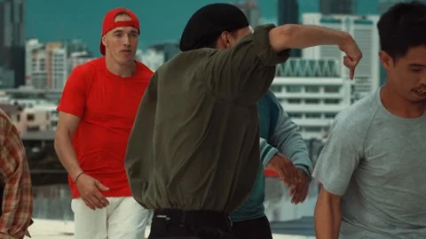 Group of happy multicultural hipster playing color flare at rooftop. hiphop. Stock Footage 275134306