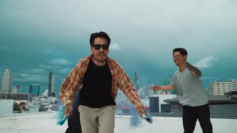 Group of happy multicultural hipster playing color flare at rooftop. hiphop. Stock Footage 275569427