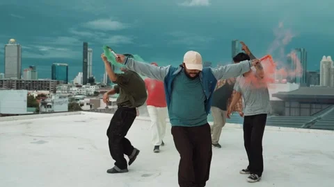 Group of happy multicultural hipster playing color flare at rooftop. hiphop. Stock Footage 277030030