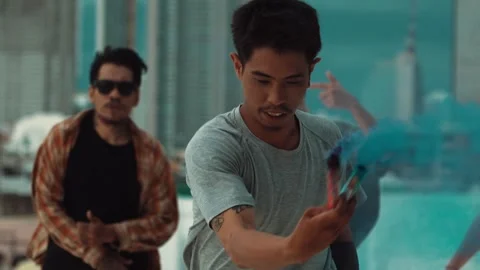 Group of happy multicultural hipster playing color flare at rooftop. hiphop. Stock Footage 277356070