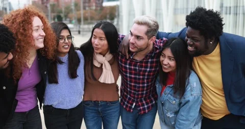 Group of happy multiracial people having fun outdoor laughing together Видео 175794494