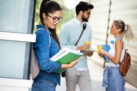 Group of happy students studying, preparing together for exam ourdoor Stock Photos