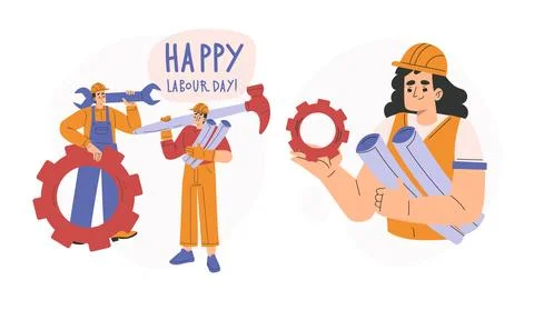 A Group of Happy Workers Utilizing Tools in a Colorful Cartoon Style Stock Illustration