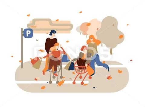 Group of happy young people having fun on shopping carts Stock Illustration