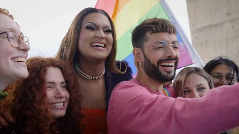 Group happy young people taking funny selfie social media celebrating gay pride Stock Footage 240201943