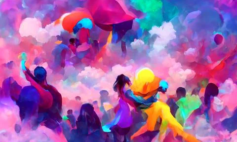 Group having fun at an outdoor .Happy festival crowd, dancing and filled with jo Stock Illustration