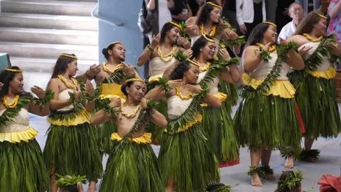 Group of Hawaiian Dancers Performing Hula in Cultural Attire at Merrie Monarch Stock Footage 346208332