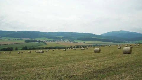 Group of Haystack on a field in the countryside with amazing view Stock Footage 121732645