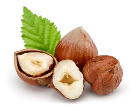 Group of hazelnuts with green leaf isolated Stock Photos
