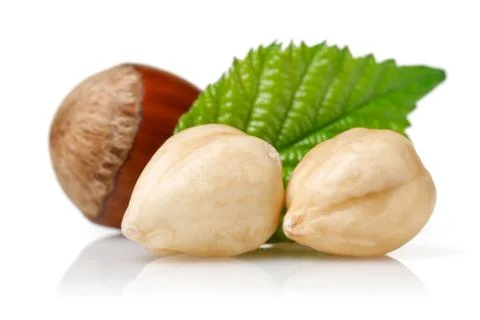 Group of hazelnuts with green leaf isolated Stock Photos