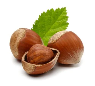 Group of hazelnuts with green leaf isolated Stock Photos