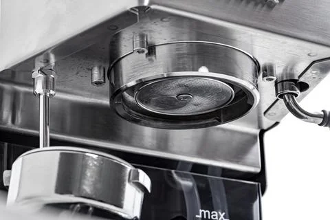 Group head coffee machine made of steel for attaching a portafilter. Stock Photos