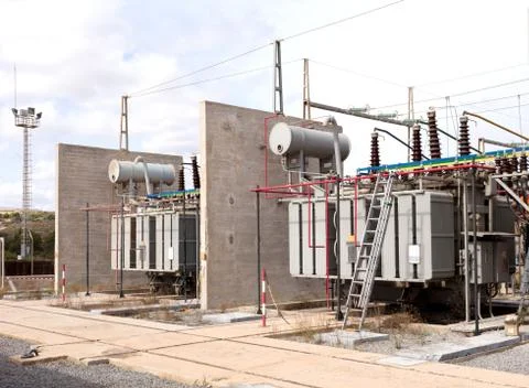 Group of high voltage transformers Stock Photos