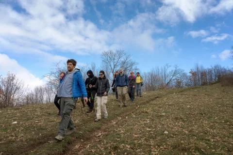 A group of hikers explore mountain paths Stock Photos