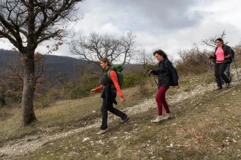 A group of hikers explore mountain paths Stock Photos