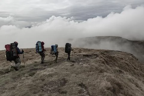 Group of hikers on the mountain range 스톡 사진