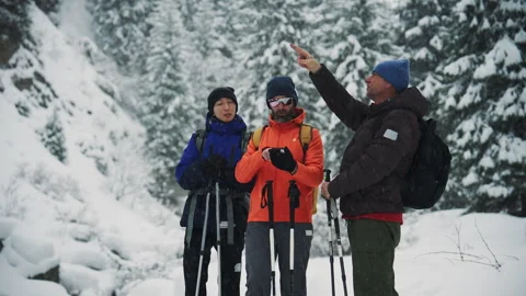 Group of hikers navigating snowy mountain forest Stockbeeldmateriaal 330068410