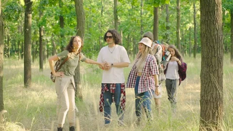 A group of hiking friends get lost on a hiking trail in a lush green forest Stock Footage 280608037