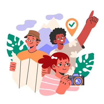 Group hiking or vacation. Characters exploring nature. Friends traveling Stock Illustration