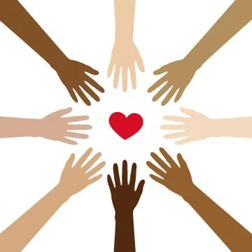 Group of human hands with different skin colours build a circle around heart Stock Illustration