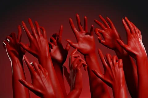 Group of human hands painted in red or covered in blood raising up. Concept of Stock Illustration