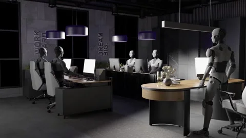 Group of humanoid robots working at office desks with computers and purple Stock Footage 311006498