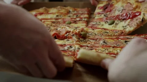 Group of Hungry people hands taking traditional italian food with cheese tomato Vídeos de archivo 336586644