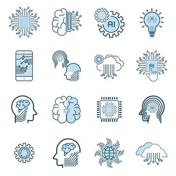 Group of icons of artificial intelligence opporatating system, AI circutes .. Stock Illustration