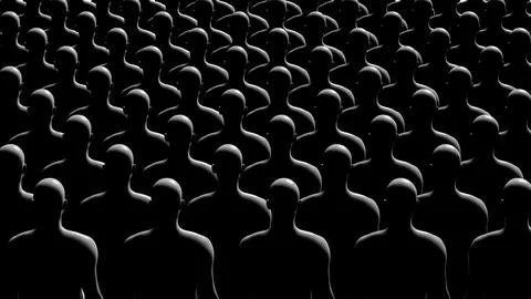 Group of Identical Figures in Uniform Rows. Conformity, conceptual illustra.. Illustrazione stock