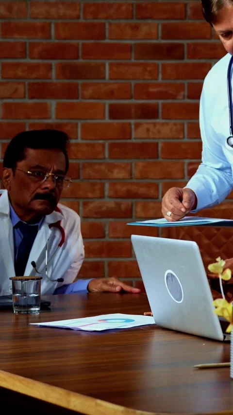 Group of indian doctors and surgeons discussing case in hispital while standing Stock Footage 342803839