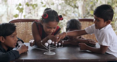 Group of Indian kids learning from practical experiments from teacher mentor Stock Footage 125855560