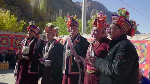 A group of indigenous elderly men reciting ritualistic scared prayer in mountain Stock Footage 268971034