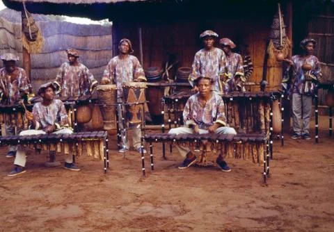 A group of indigenous men playing music, Okavango Delta Stock Photos