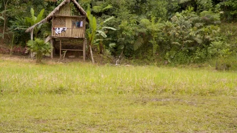 A group of indigenous people are attacking a drone that flies over their village Stock Footage 113178833